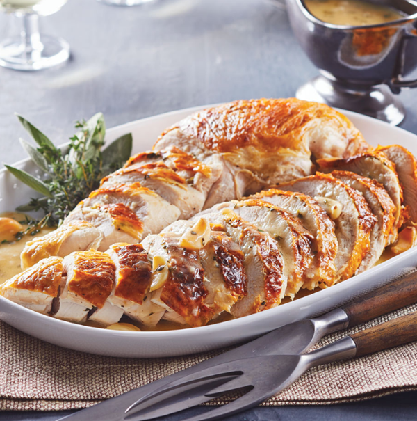 Roasted turkey breast with 40 cloves of garlic pan gravy