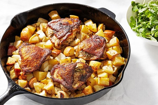 Roasted turnips, apples and rosemary with chicken thighs and greens