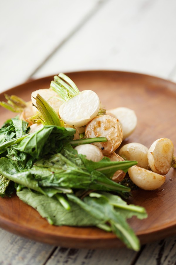 Roasted turnips with buttered greens