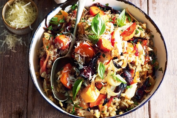 Roasted vegetable & caramelised garlic barley risotto
