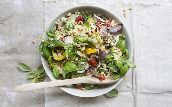 Roasted vegetable & orzo pasta salad with basil, pine nuts & Parmesan