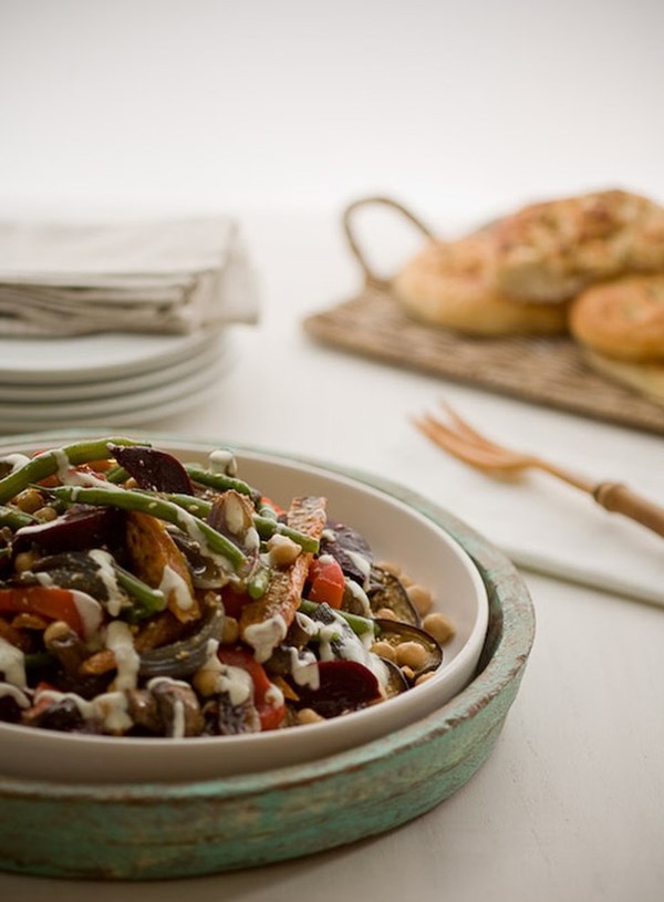 Roasted vegetable and dukkah salad with feta dressing