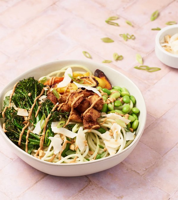 Roasted vegetable and kohlrabi noodle bowls with peanut sauce