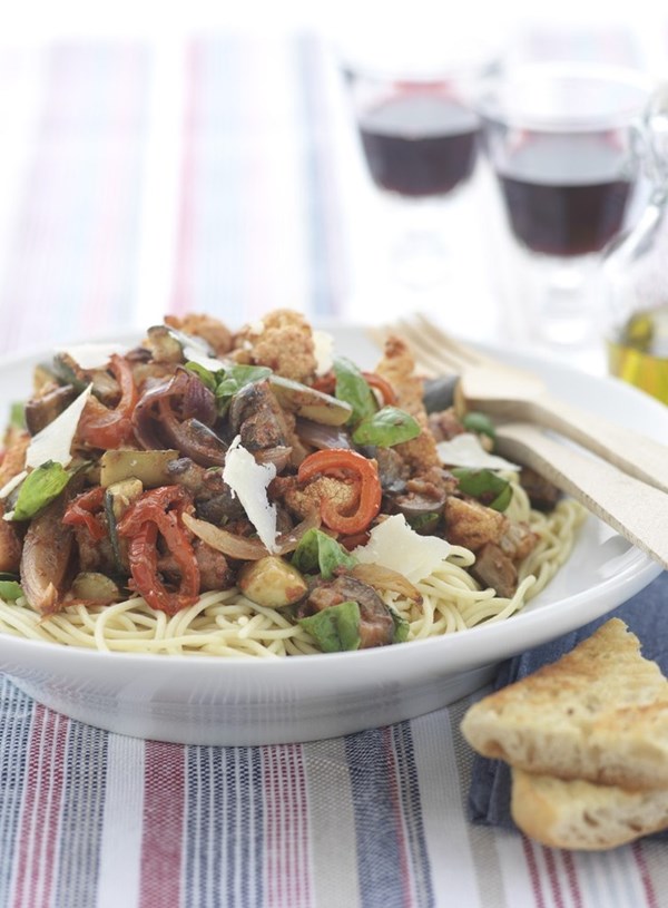Roasted vegetable and sausage pasta