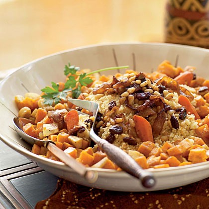 Roasted vegetable couscous with chickpeas and onion-pine nut topping (Al cuscus bil khodar al-mausim)