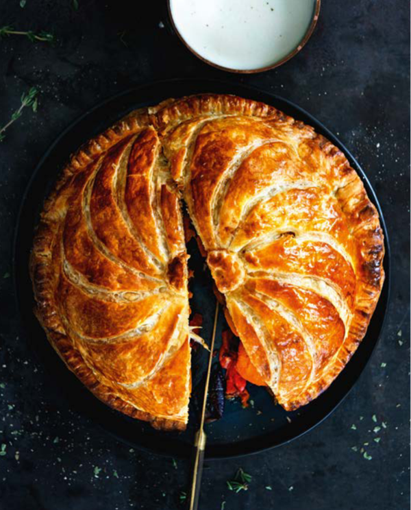 Roasted vegetable pithiviers and Parmesan sauce