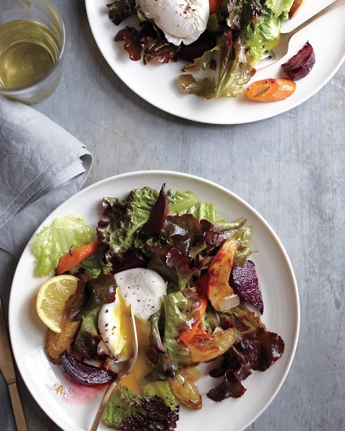Roasted vegetable salad with poached eggs