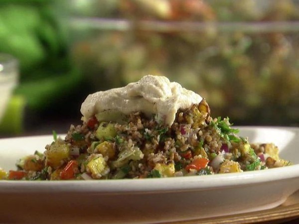 Roasted vegetable tabbouleh with yogurt-tahini dressing
