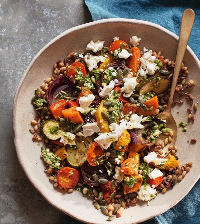 Roasted vegetables, pesto, brown rice, pumpkin seeds & goat's cheese