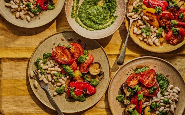 Roasted vegetables with beans and mojo verde