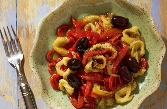 Roasted vegetables with black olive dressing