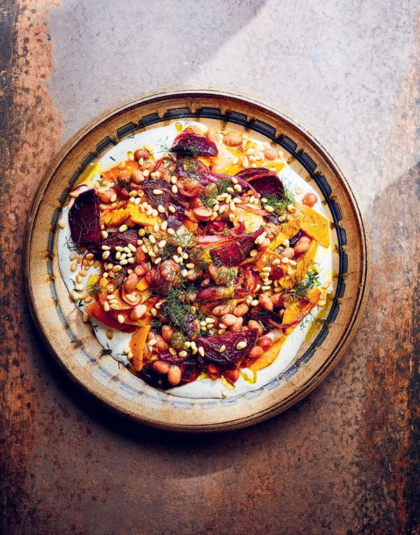Roasted vegetables with borlotti beans and fennel yogurt