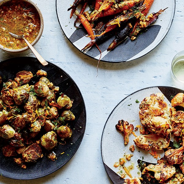 Roasted vegetables with smashed-walnut vinaigrette