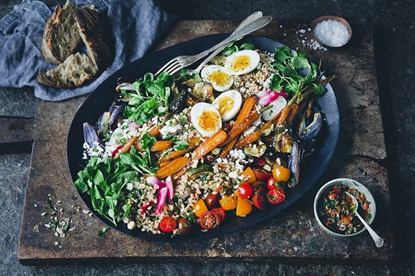 Roasted veggie grain platter [bell pepper salsa]