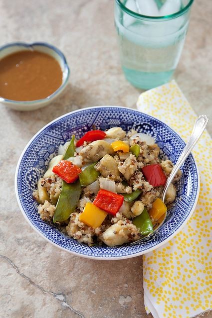Roasted veggie quinoa bowls with peanut sauce