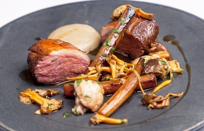 Roasted Welsh lamb rump with salsify and wild mushrooms