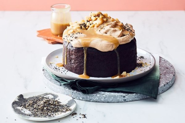 Roasted white chocolate fudge cake with tahini cream