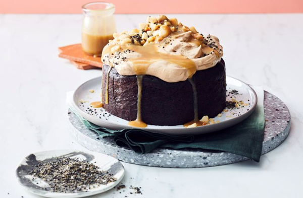 Roasted white chocolate fudge cake with tahini cream
