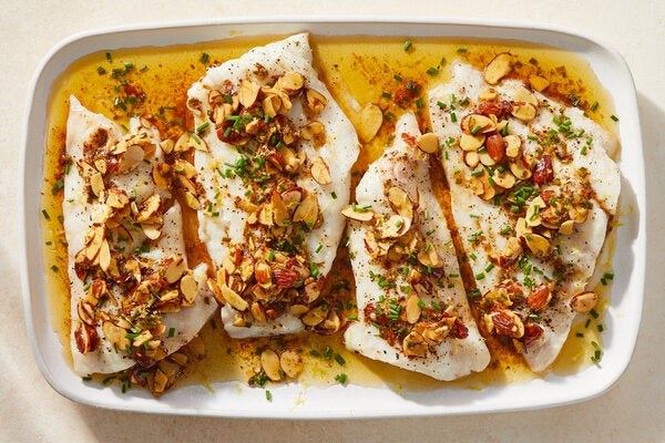 Roasted white fish with lemony almondine