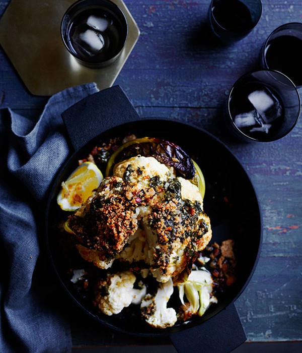 Roasted whole cauliflower with wakame butter and toasted crumbs