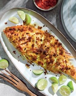 Roasted whole fish rubbed with spice paste (Ikan bakar)
