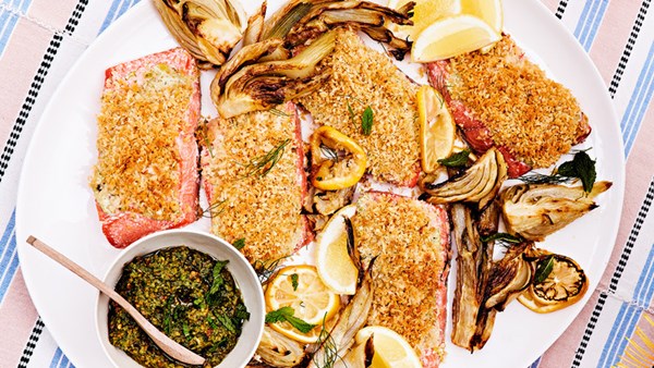 Roasted wild salmon with caramelized fennel and fennel-frond pesto