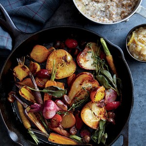 Roasted winter fruits and vegetables with farro porridge