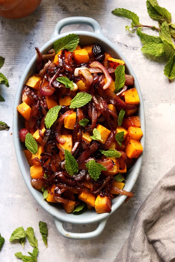 Roasted winter squash and grapes with maple pomegranate glaze