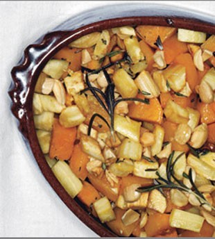 Roasted winter squash and parsnips with maple syrup glaze and Marcona almonds