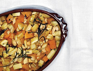 Roasted winter squash and parsnips with maple syrup glaze and Marcona almonds