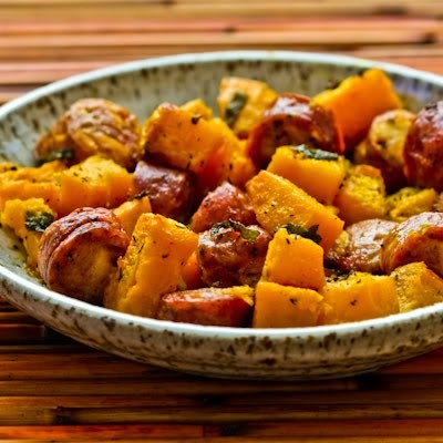 Roasted winter squash and sausage with herbs