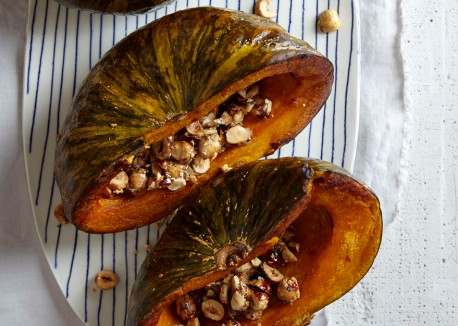 Roasted winter squash with maple-pepper hazelnuts