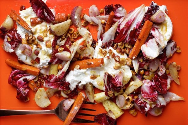 Roasted winter vegetable and burrata salad