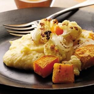 Roasted winter vegetables with cheesy polenta