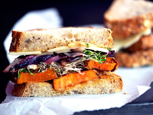 Roasted yam and radicchio sandwiches