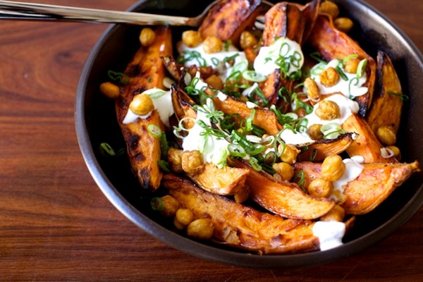 Roasted yams and chickpeas with yogurt