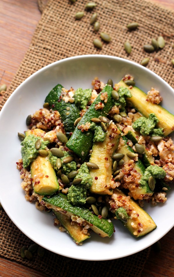 Roasted zucchini and quinoa bowls with cilantro pepita pesto