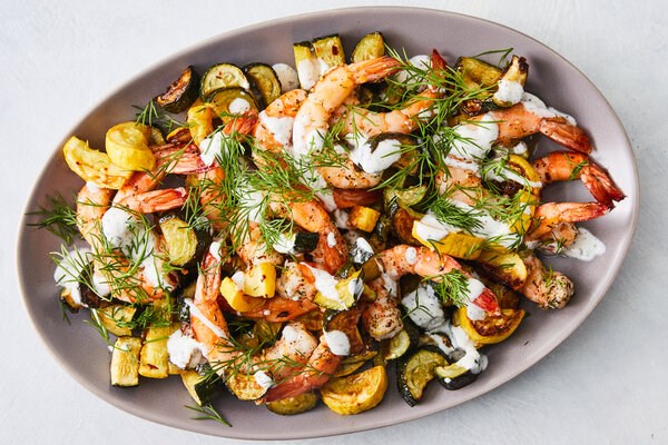Roasted zucchini and shrimp with za'atar yogurt