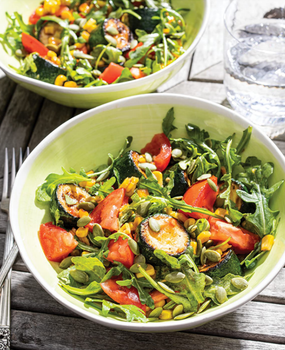 Roasted zucchini, corn, and tomato salad with maple vinaigrette