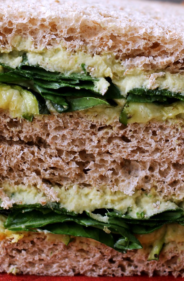 Roasted zucchini, garlic and basil hummus sandwiches