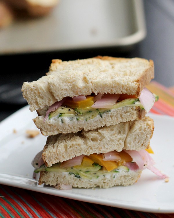 Roasted zucchini, pepper, onion and goat cheese sandwiches