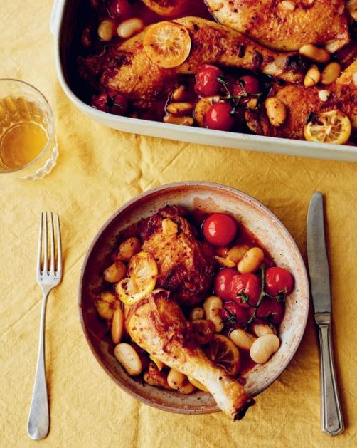 Roasting tin chicken with Aleppo and lemony butter beans