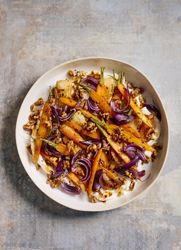 Roasty baby carrot, parsnip and red onion on whipped ricotta 
