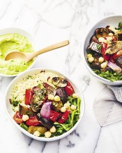 Roasty couscous hummus bowl
