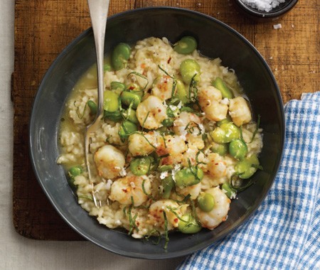 Rock shrimp and fava bean risotto with lardon-endive salad