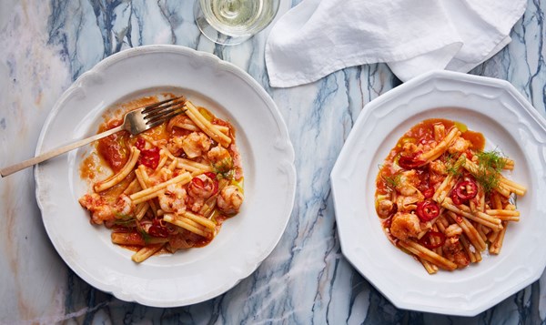Rock shrimp pasta with spicy tomato sauce