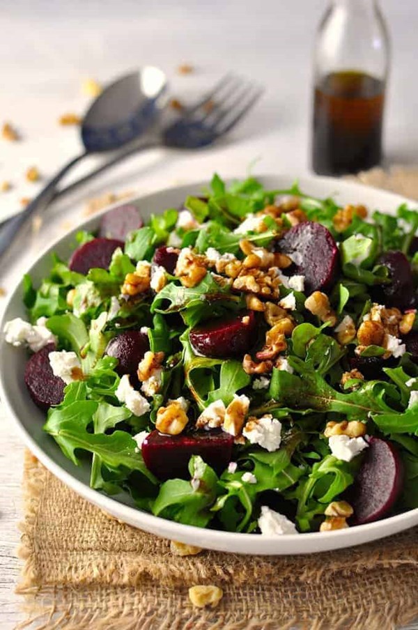 Rocket (arugula), beetroot, walnuts and feta with balsamic dressing