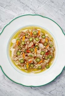 Rockfish crudo with ajo blanco and roasted serrano oil