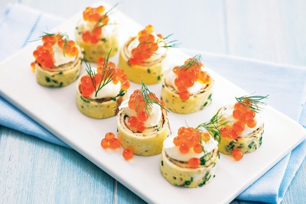 Rolled cocktail omelette with ocean trout roe
