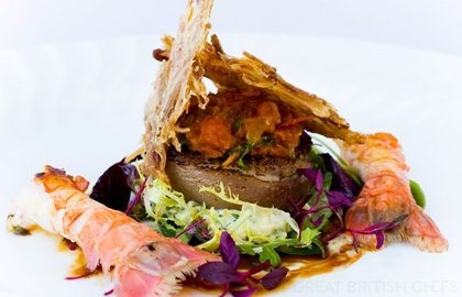 Rolled pig's head with langoustine and a crispy ear salad
